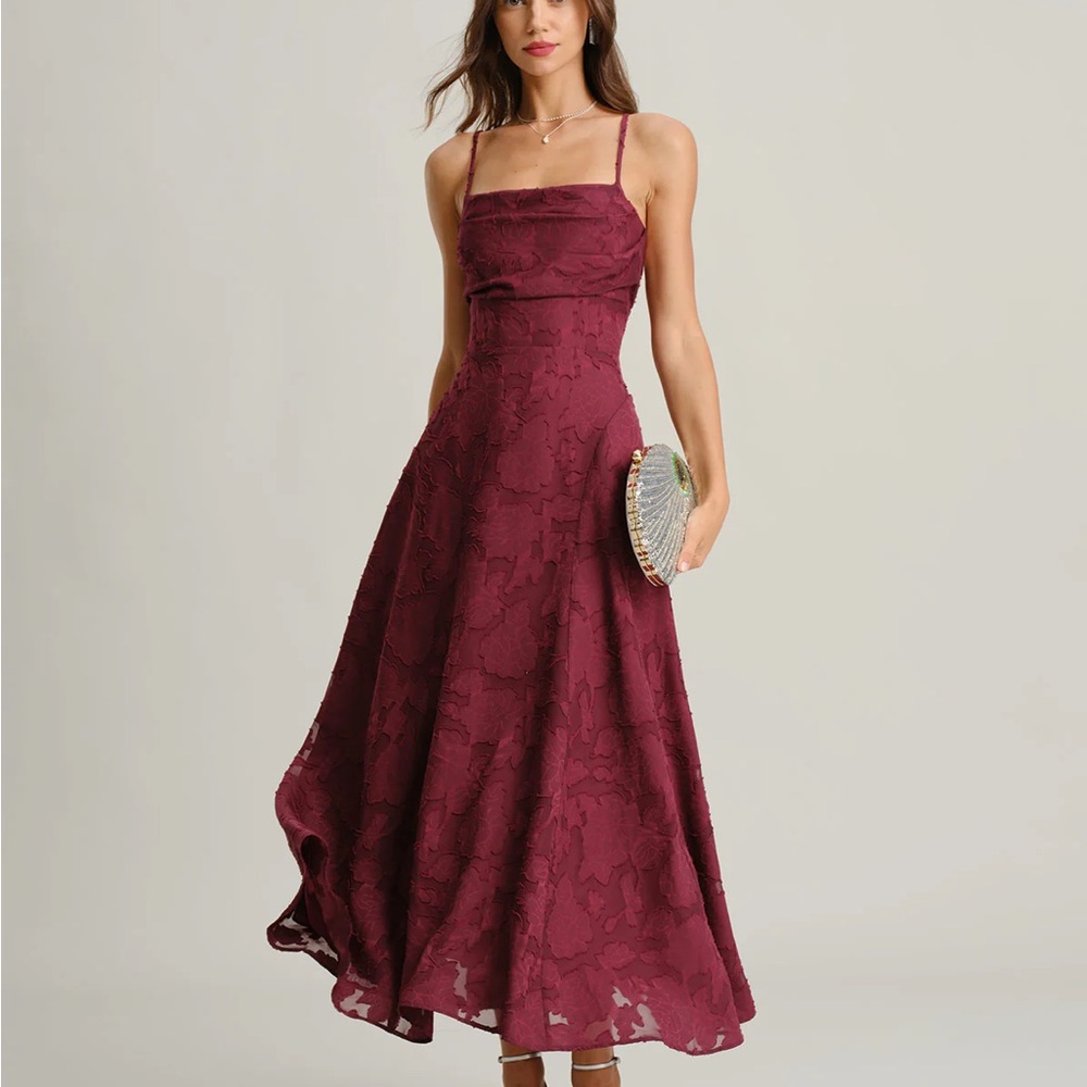 Wine Red Jacquard Slip Maxi Dress